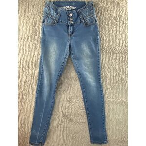 D&B Deep Blue Women's Jeans 26x29 Mid Rise Skinny Rhinestones Bling Blue